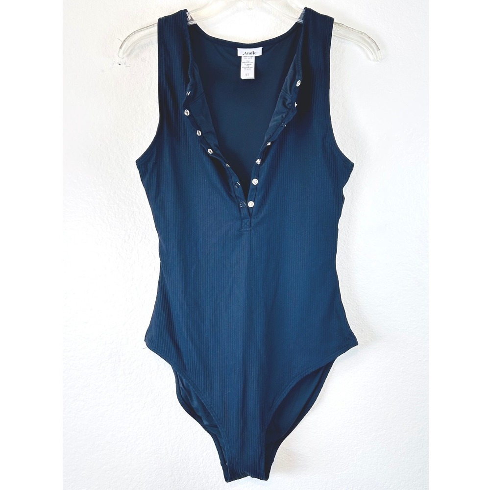 Andie Swim The Malibu One Piece Swimsuit Black Ribbed Henley Snap Front ST